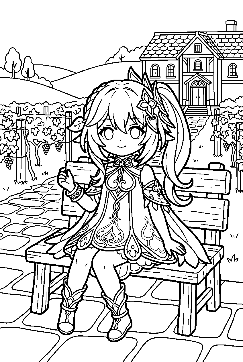 genshin impact nahida sitting in dawn winery line art
