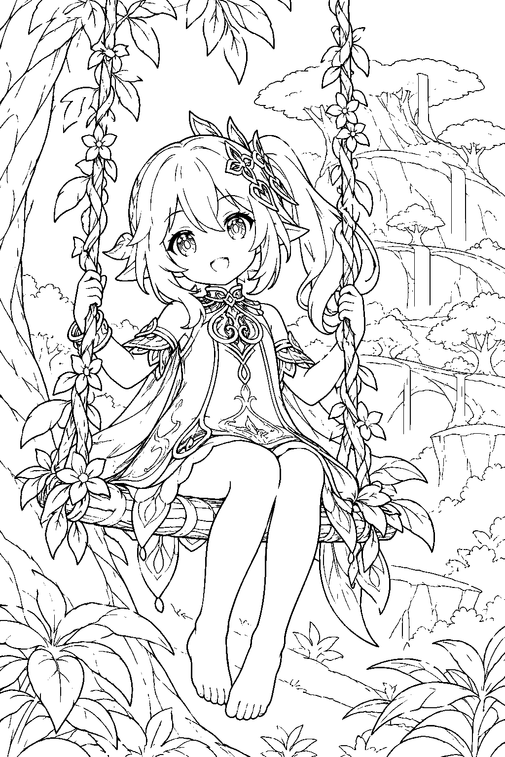 genshin impact nahida sitting on her vine swing in the sumeru rainforest line art