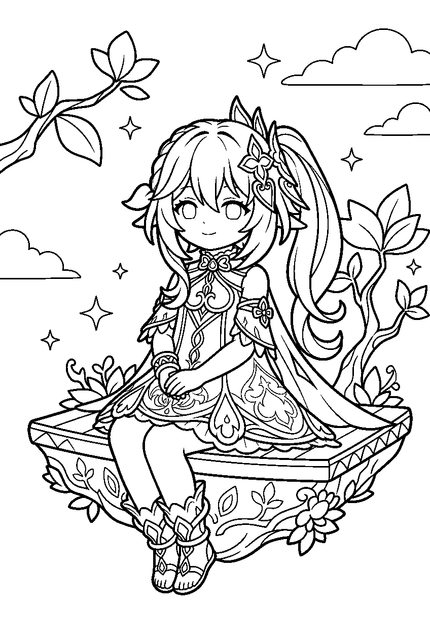 genshin impact nahida sitting on platform line art