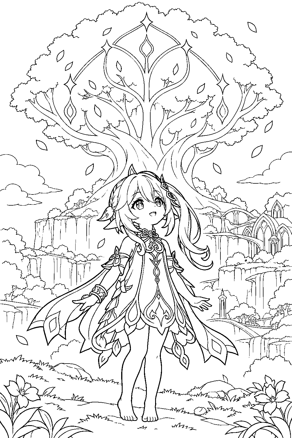 genshin impact nahida standing beneath her tree shaped sapientia oromasdis constellation line art