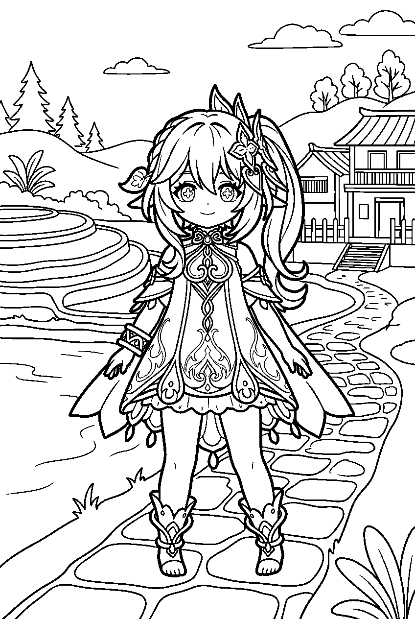 genshin impact nahida standing confidently in qingce village line art