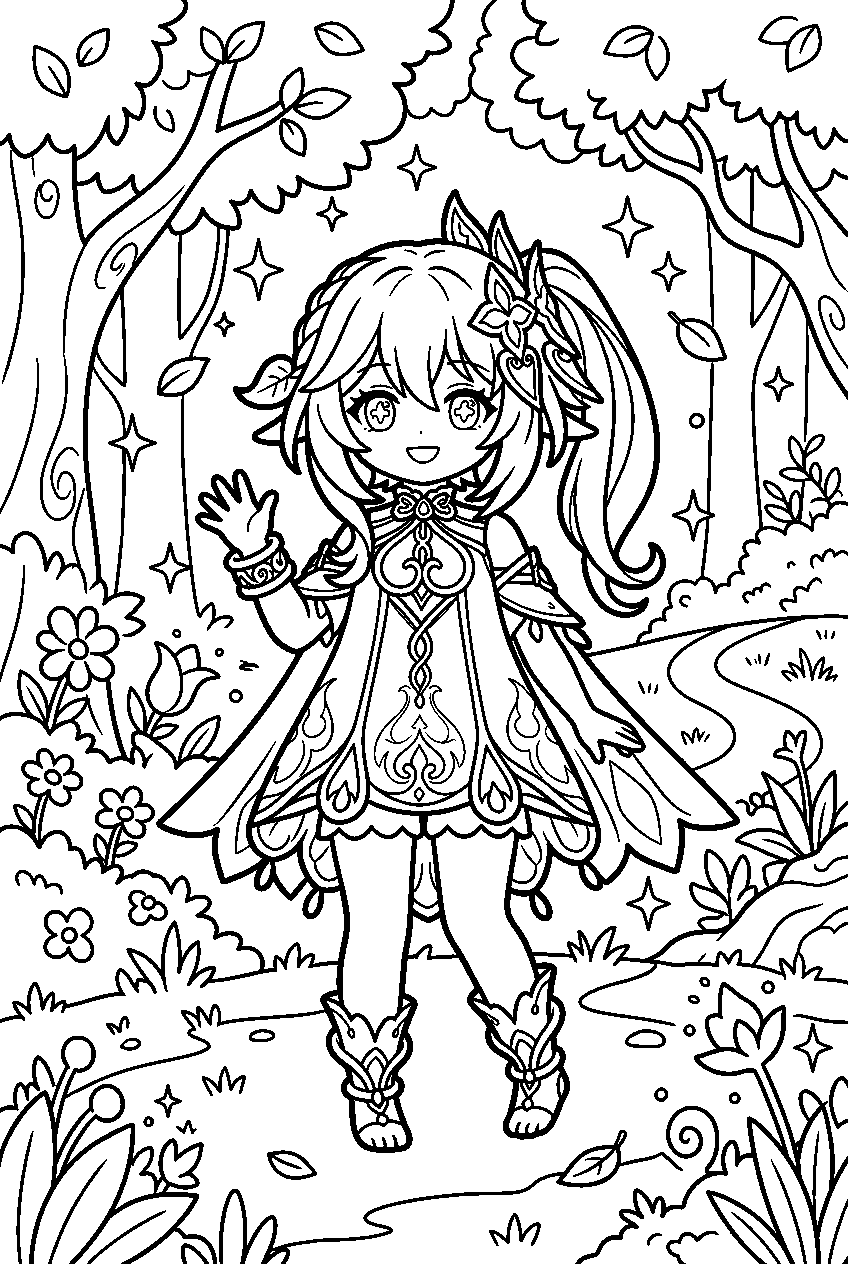 genshin impact nahida standing in magical forest line art