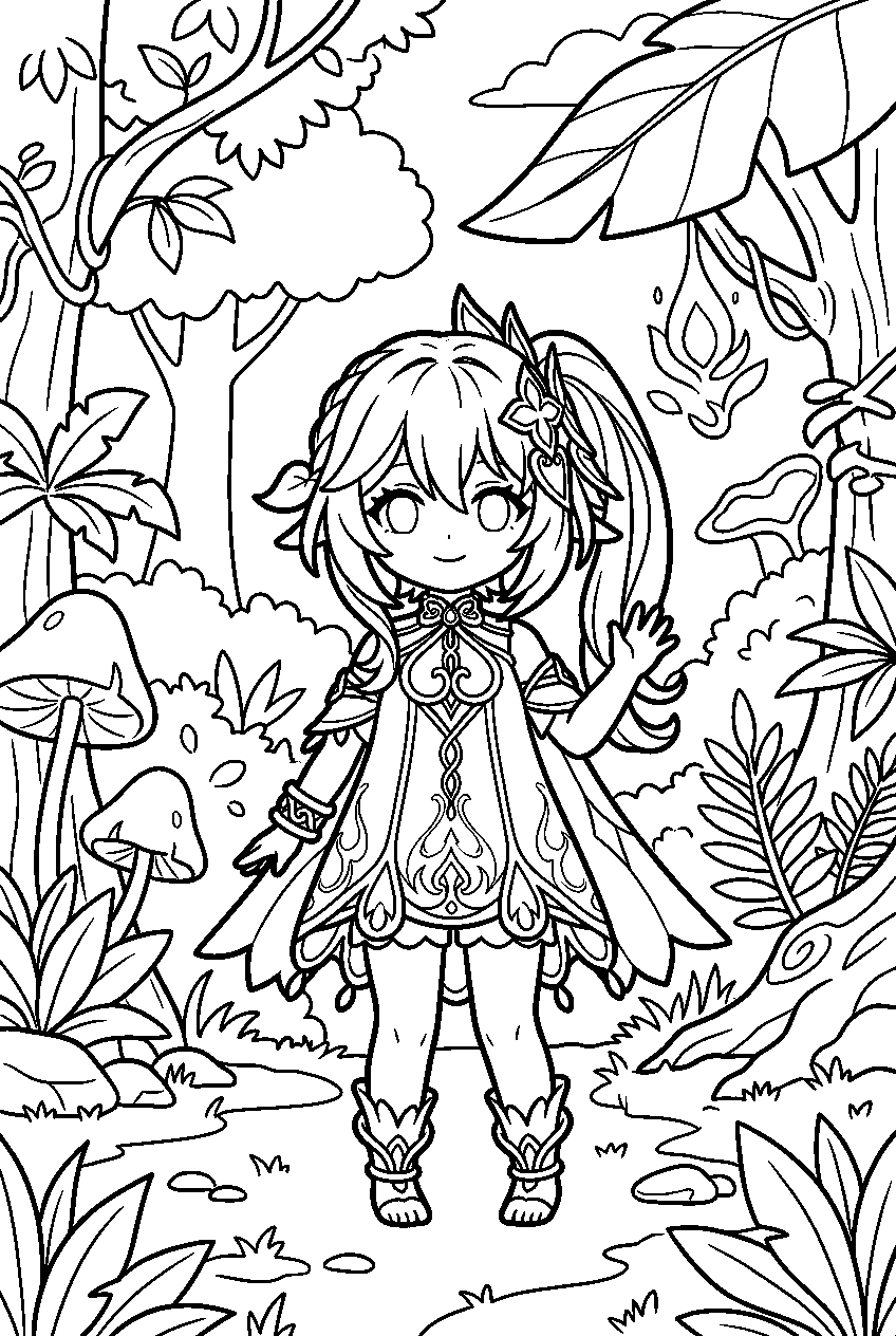 genshin impact nahida standing in sumeru rainforest line art