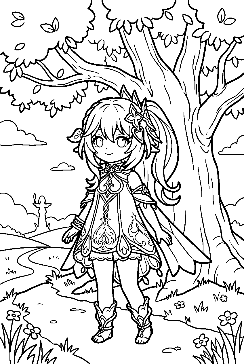 genshin impact nahida standing in windrise line art