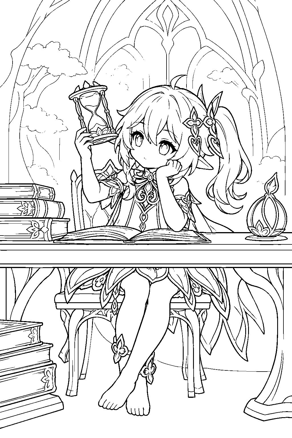 genshin impact nahida studying an hourglass at a desk in her dream line art