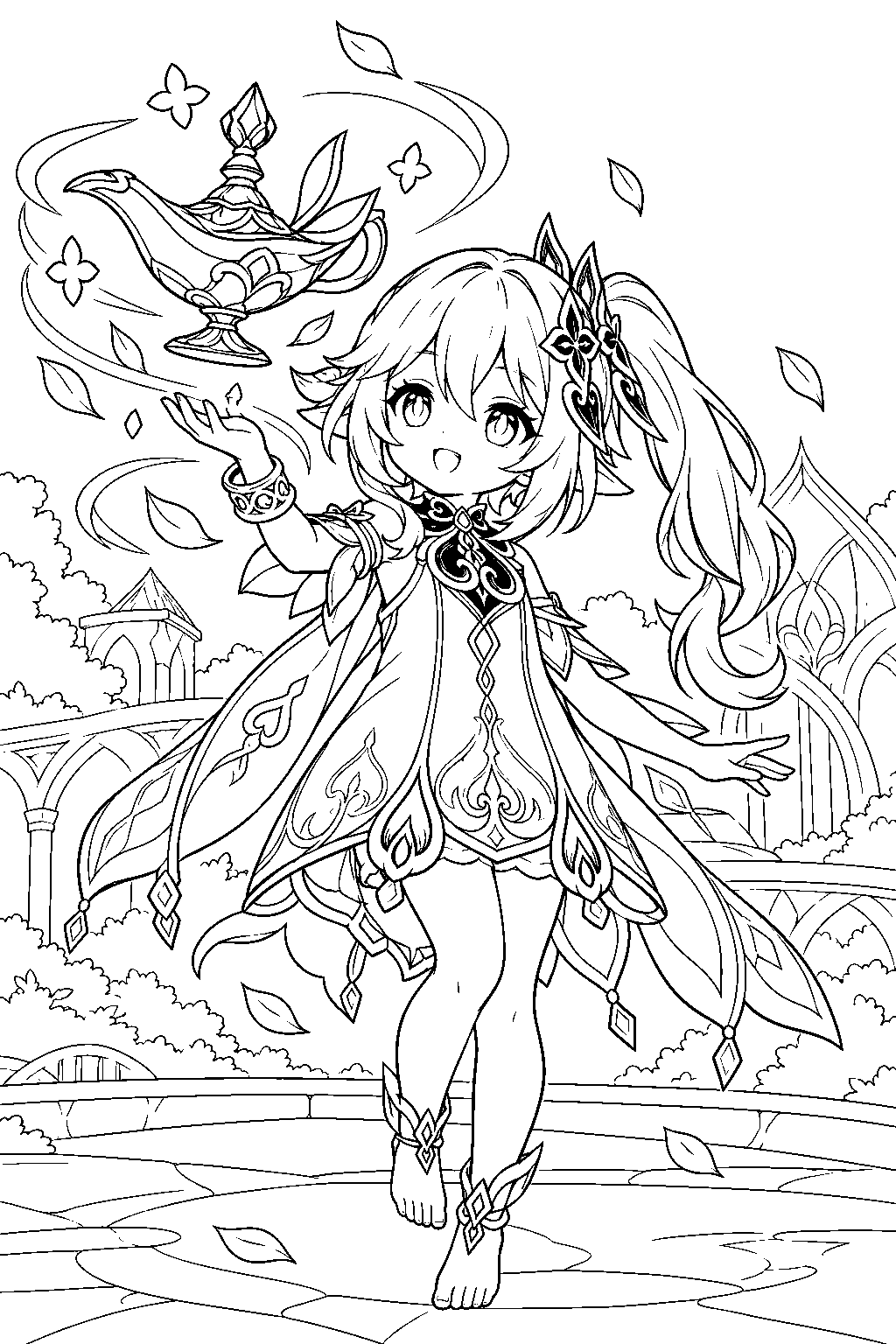 genshin impact nahida summoning a thousand floating dreams beside swirling leaves line art