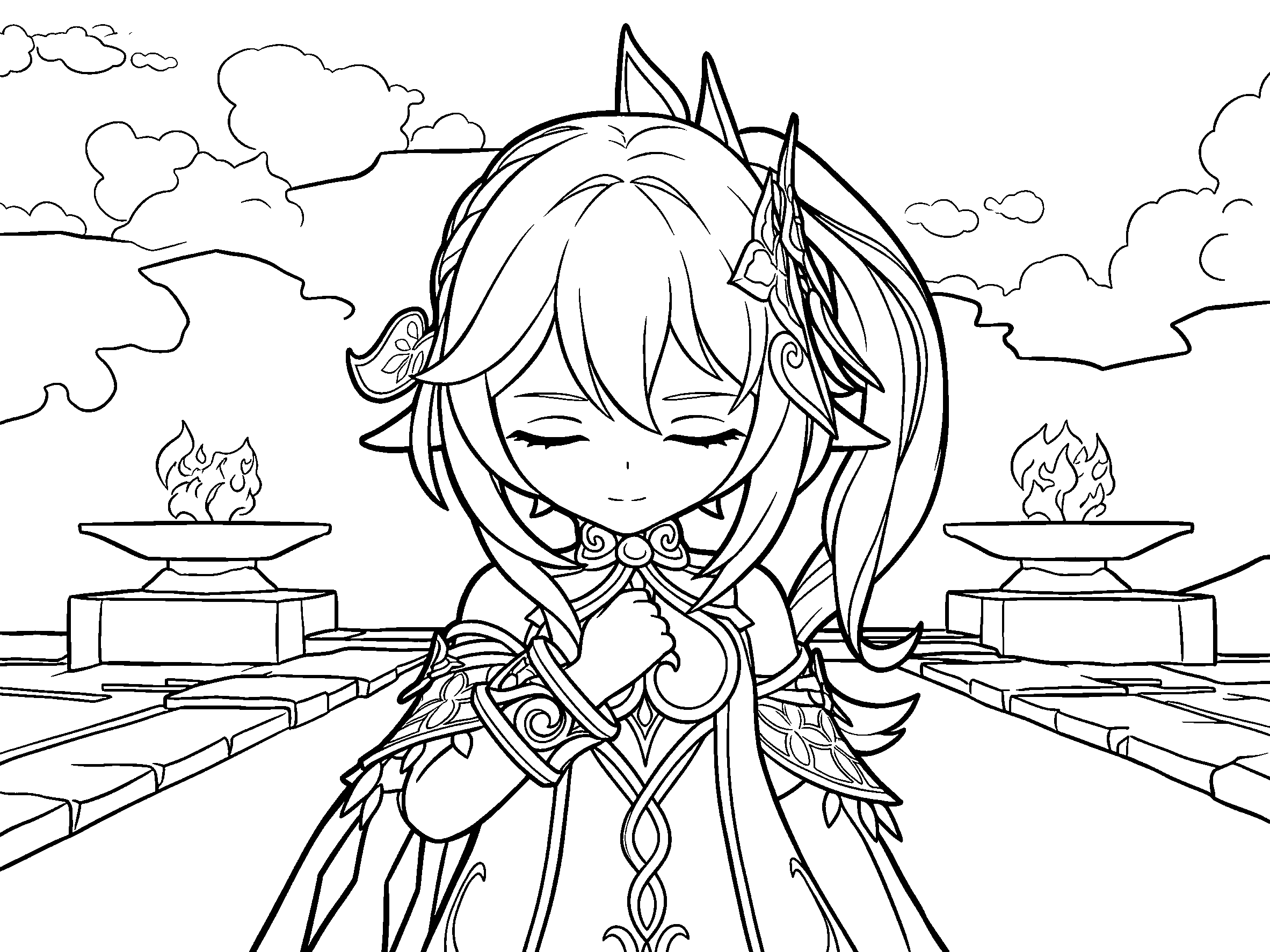 genshin impact nahida temple scene line art calm anime sheet