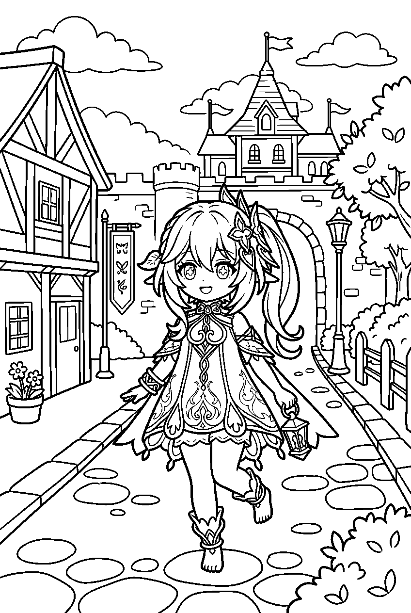 genshin impact nahida walking in mondstadt city line art