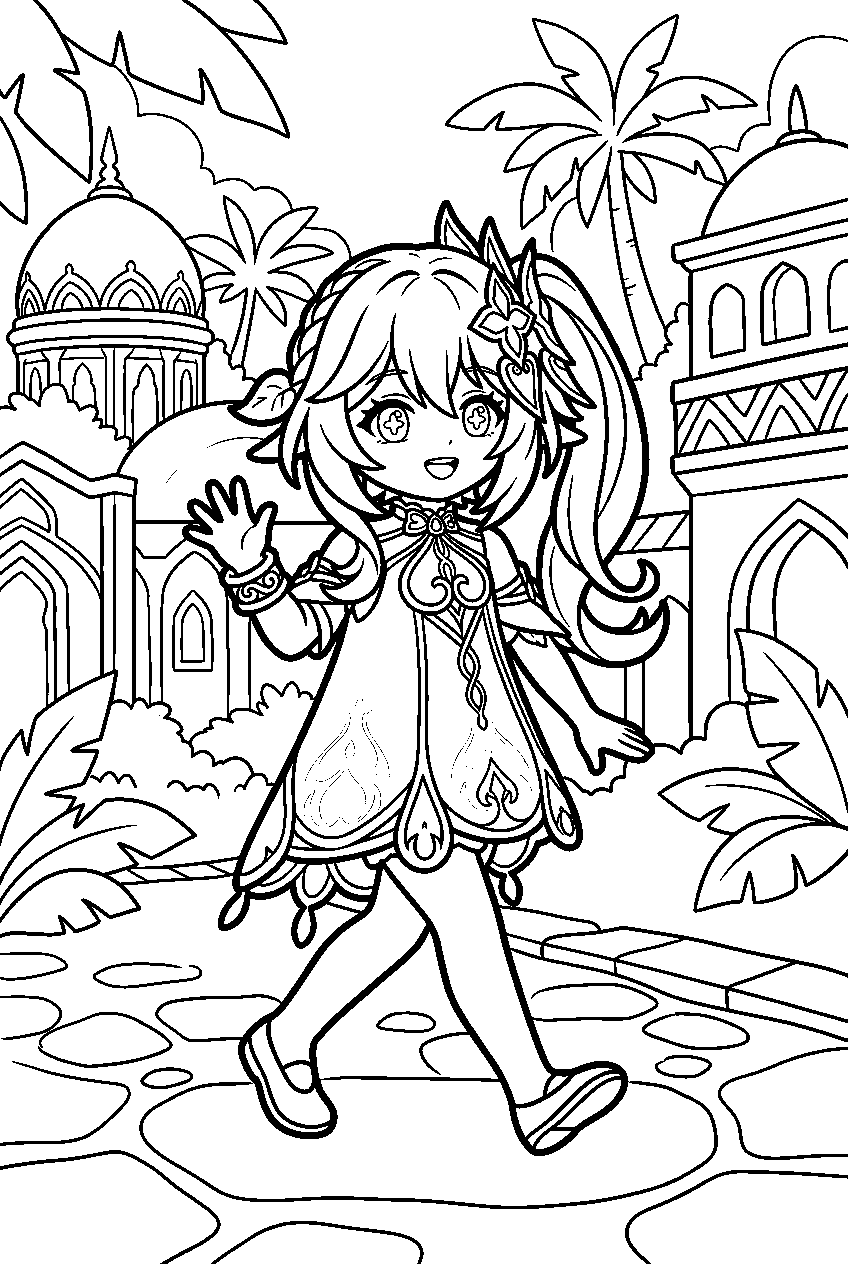 genshin impact nahida walking in sumeru city line art