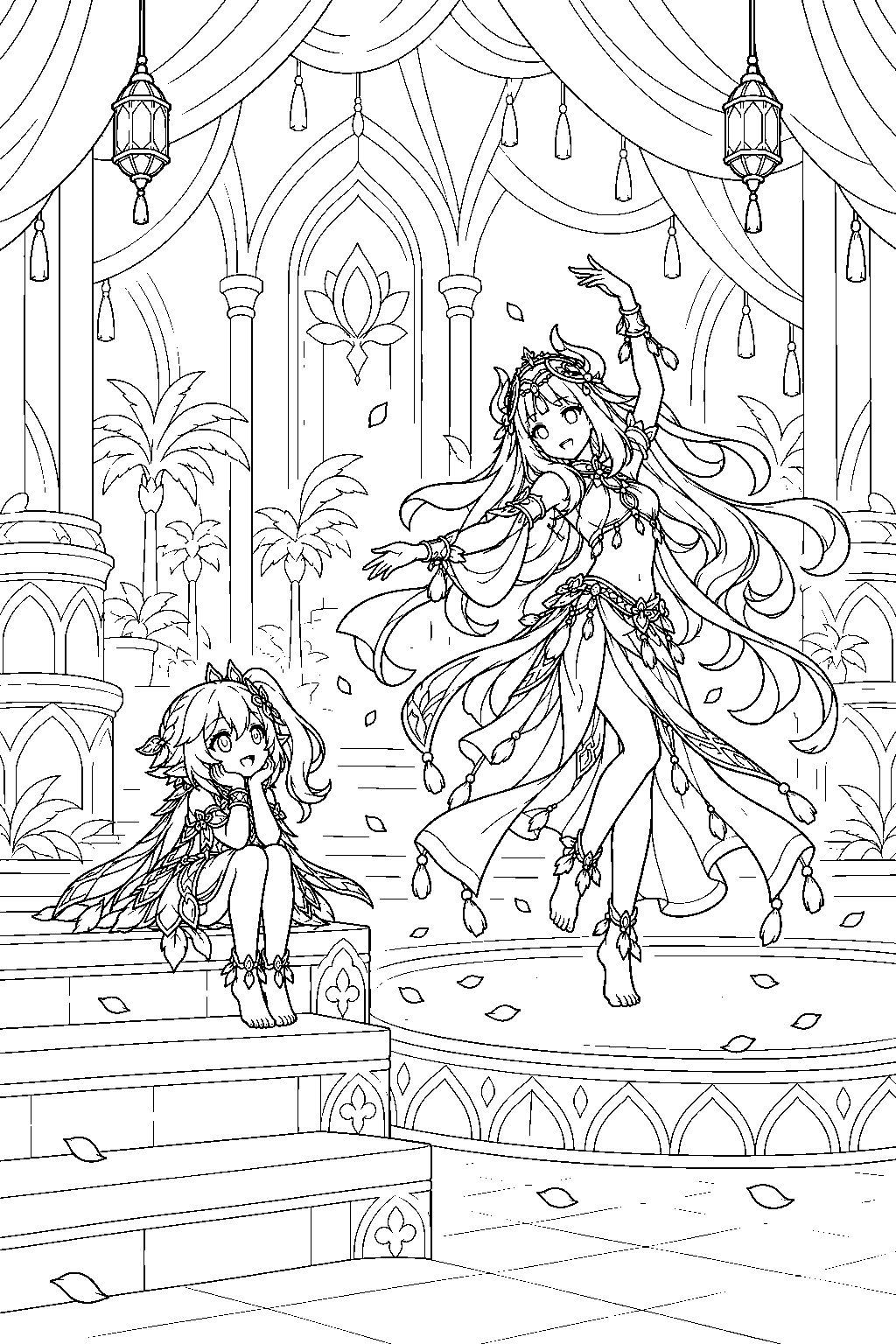 genshin impact nahida watching nilou dance at the zubayr theater line art