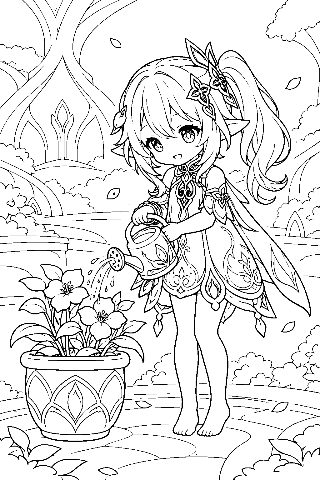 genshin impact nahida watering a potted flower in her dream garden line art