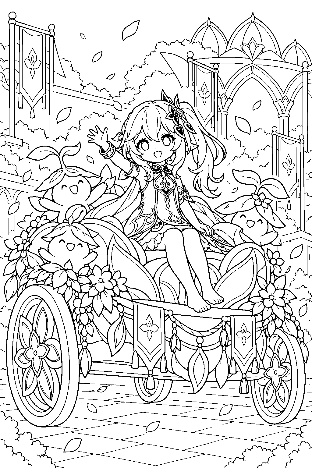 genshin impact nahida waving from her flower carriage during her birthday parade line art