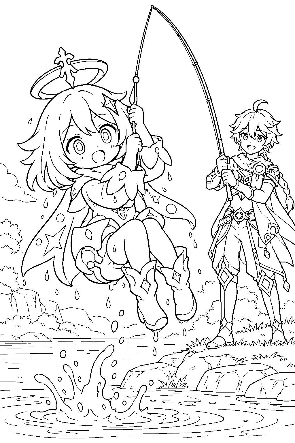 genshin impact paimon being rescued from the sea by the traveler s fishing rod line art