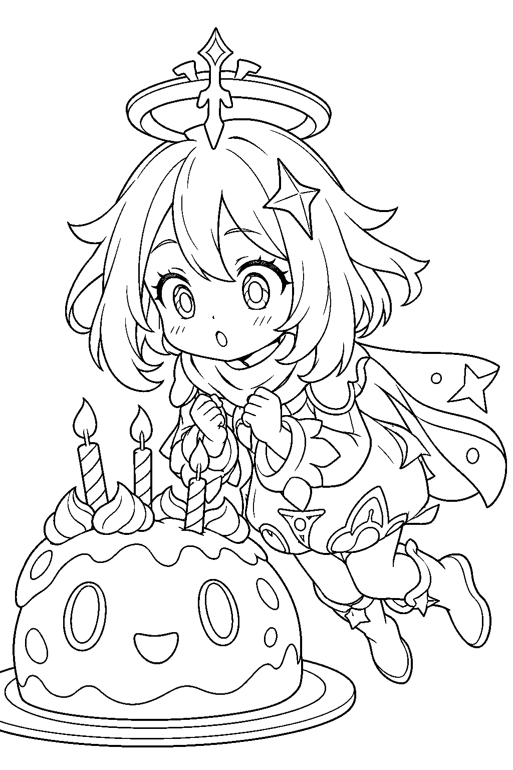 genshin impact paimon blowing out birthday candles on a slime shaped cake line art