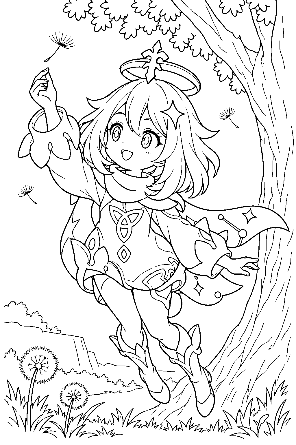genshin impact paimon catching a drifting dandelion seed beneath the windrise tree line art