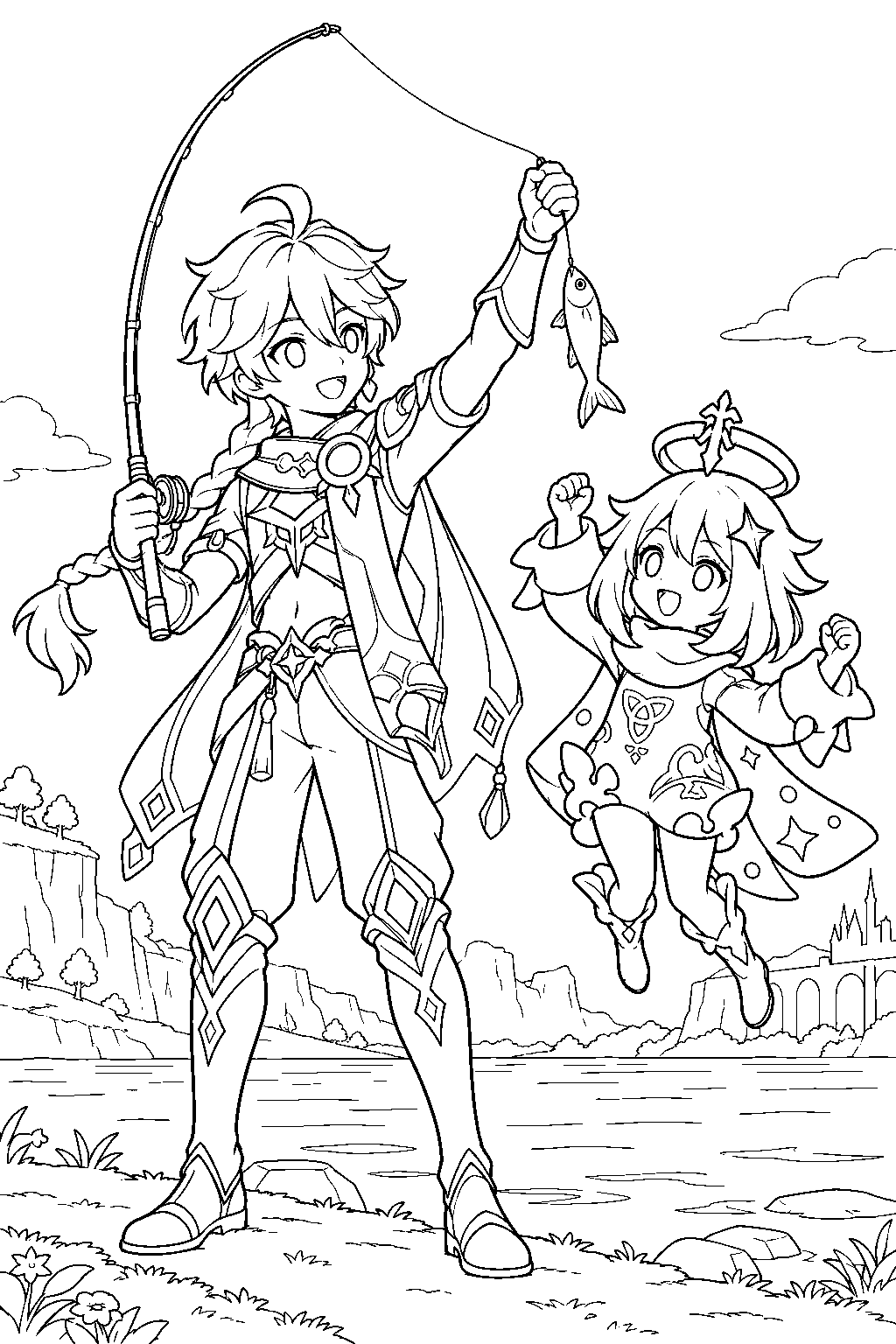 genshin impact paimon cheering as the traveler catches a medaka fish line art