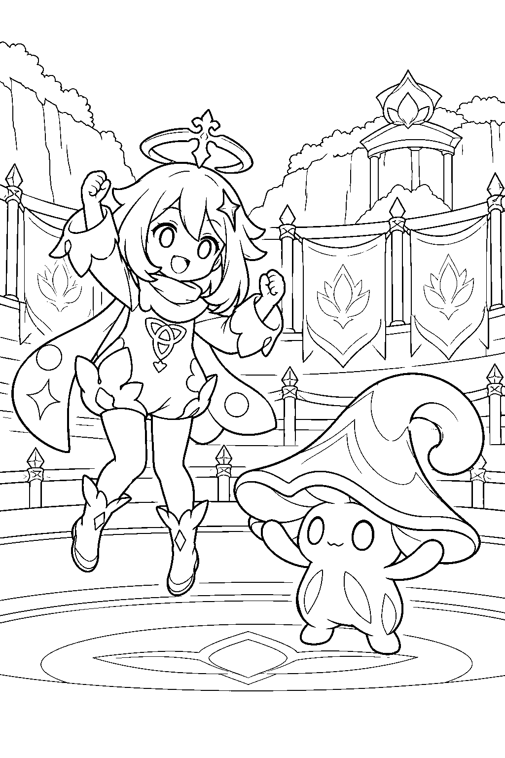 genshin impact paimon cheering bongo head in the nilotpala cup arena line art