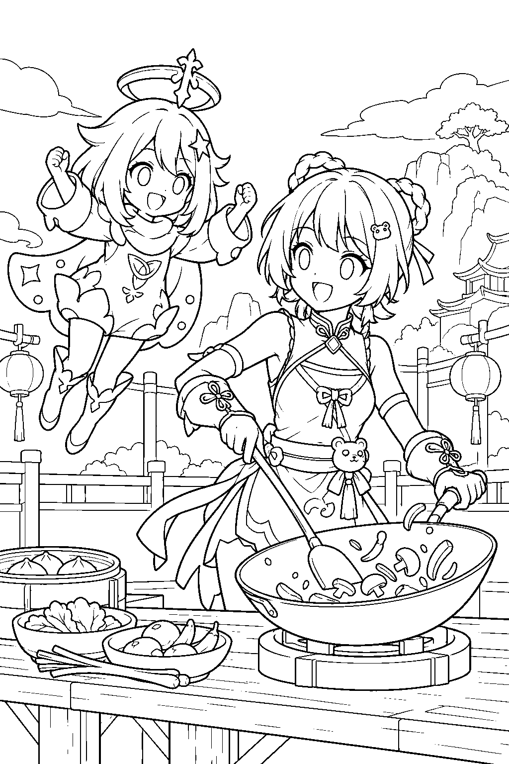 genshin impact paimon cheering for xiangling at the moonchase cooking contest line art