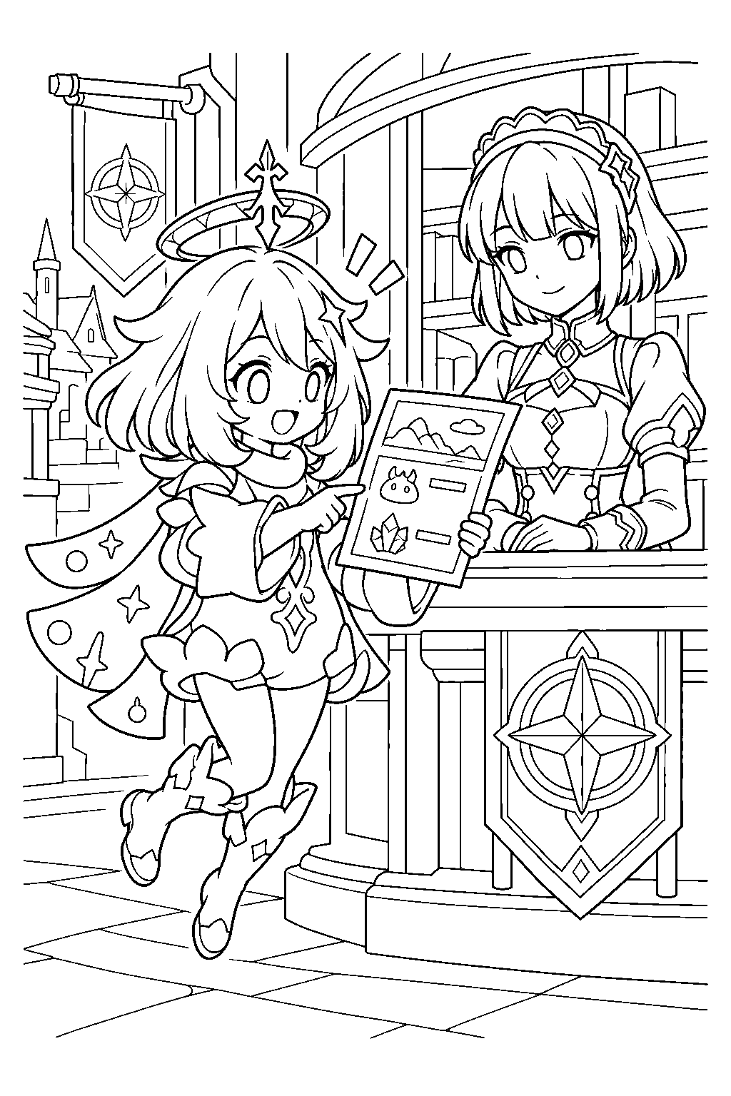 genshin impact paimon choosing a commission with katheryne at the adventurers guild line art