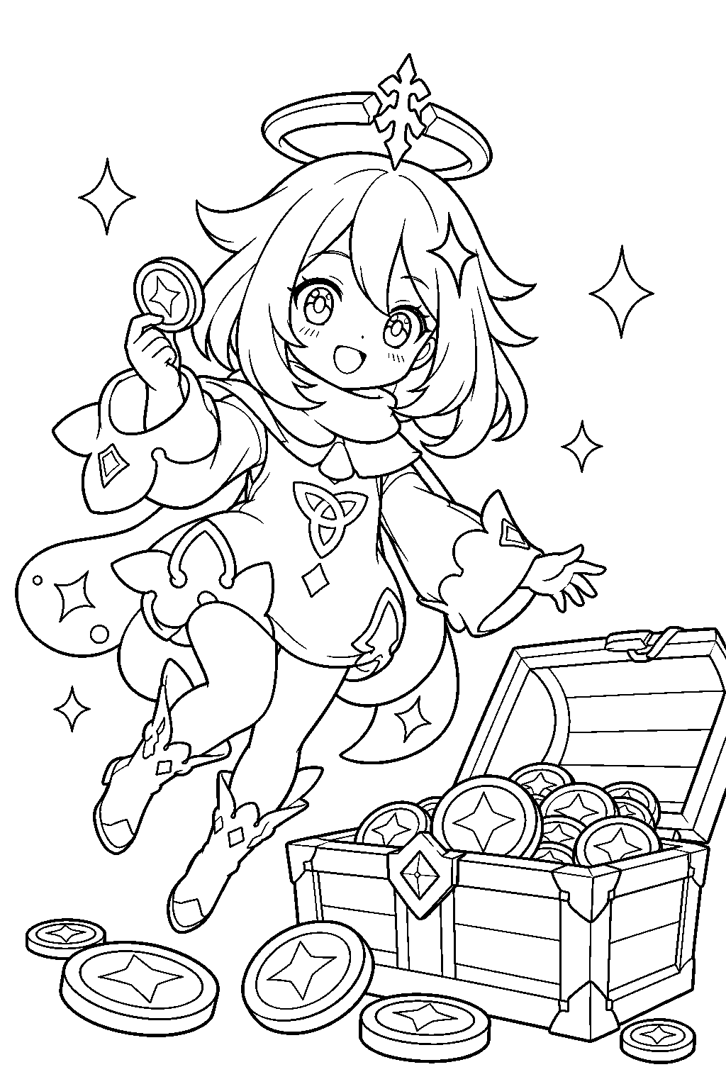 genshin impact paimon counting mora coins beside an open treasure chest line art