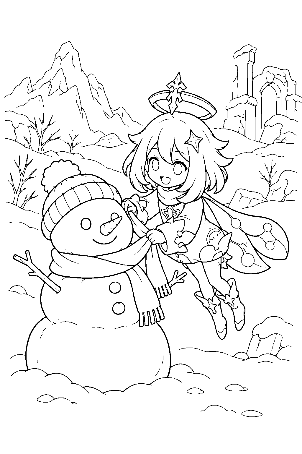 genshin impact paimon decorating a snowman in dragonspine line art