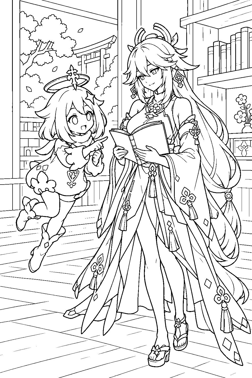 genshin impact paimon discussing a light novel manuscript with yae miko line art