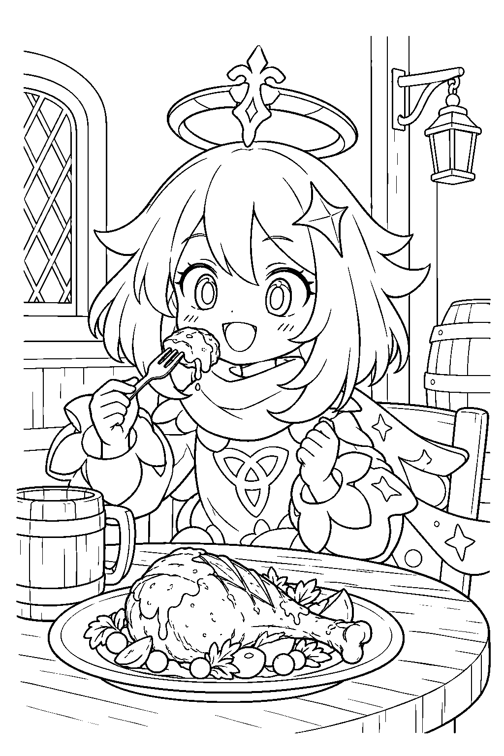 genshin impact paimon eating sticky honey roast at good hunter in mondstadt line art