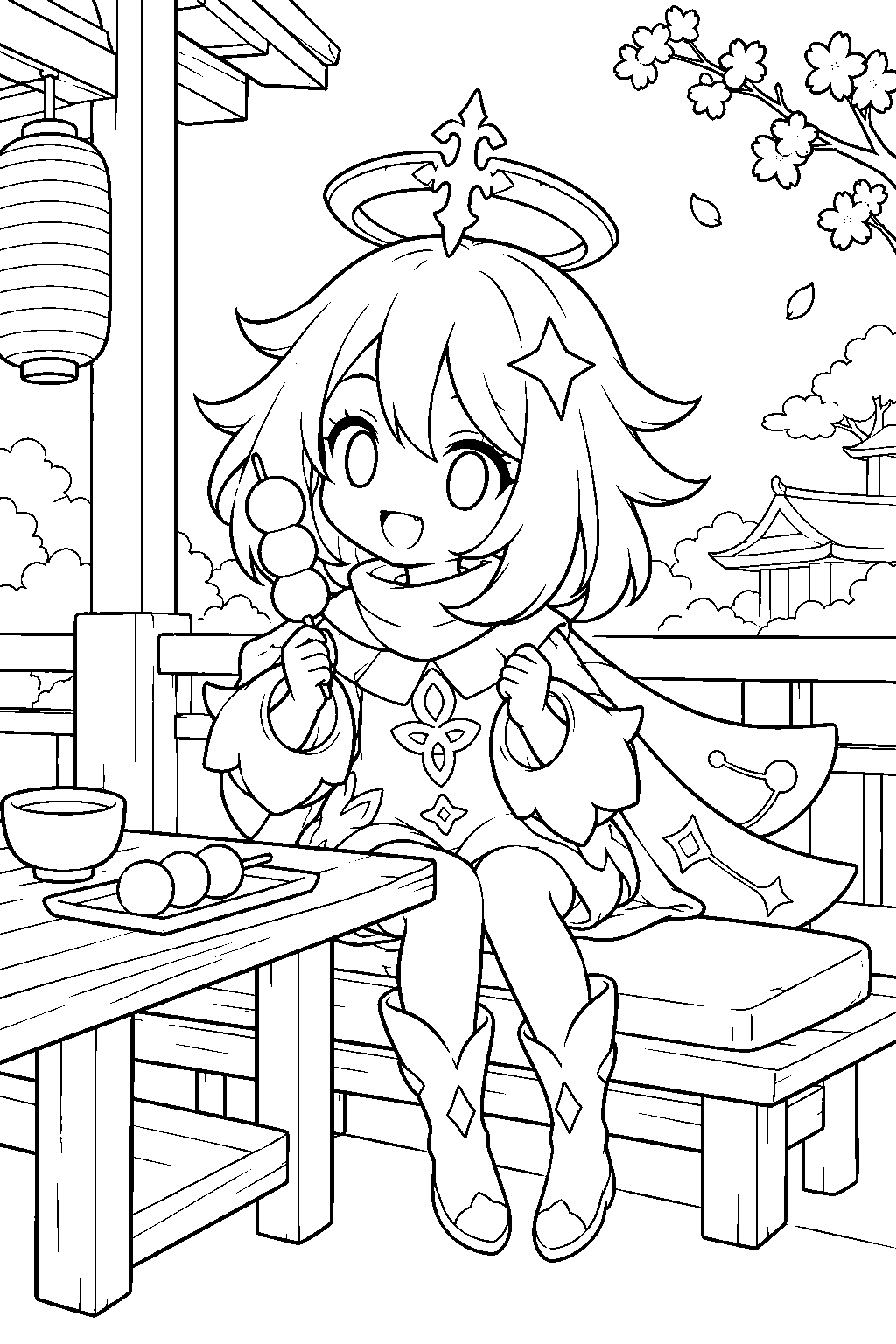 genshin impact paimon enjoying a dango skewer at komore teahouse line art