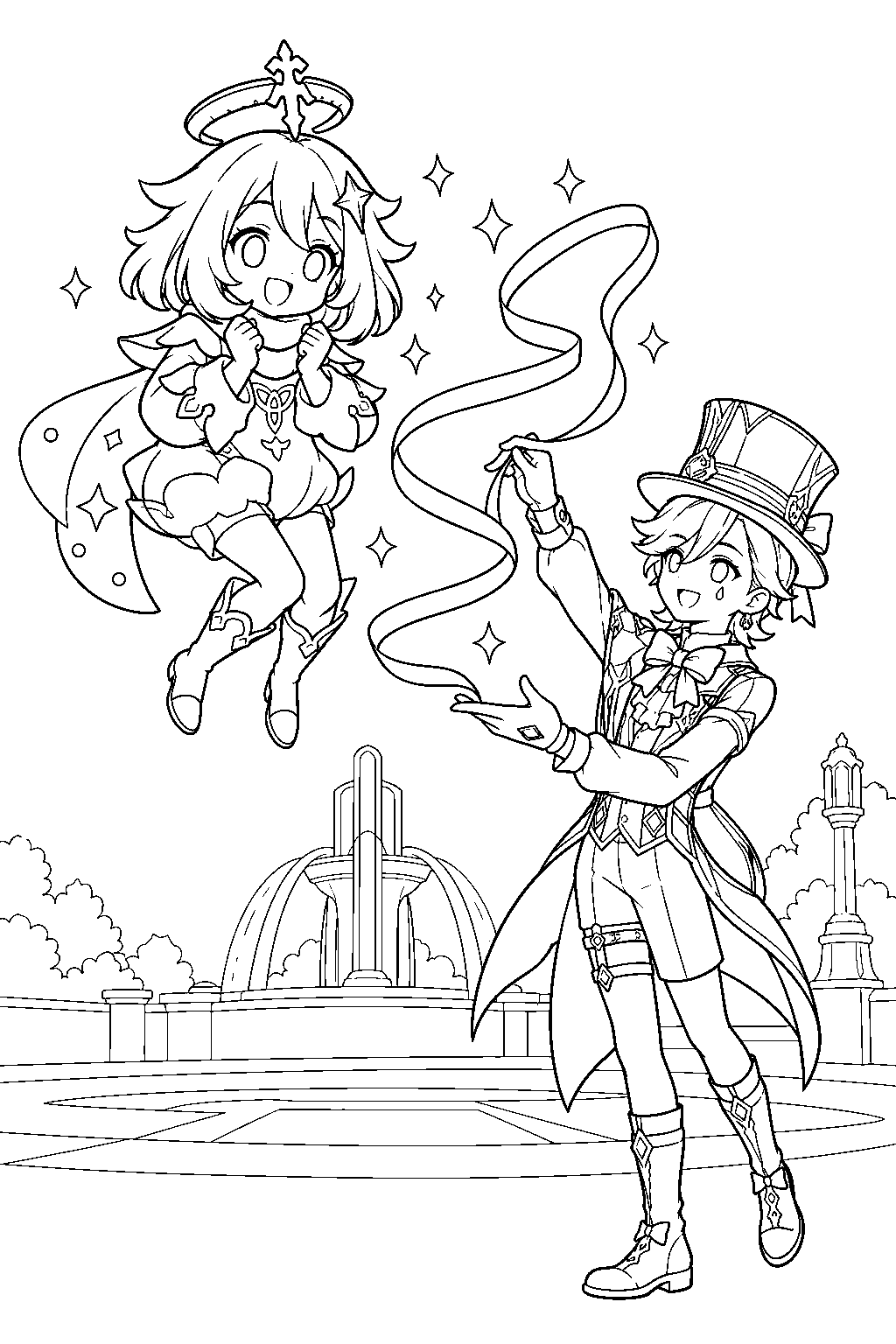 genshin impact paimon floating like a balloon while lyney reveals a magical ribbon line art