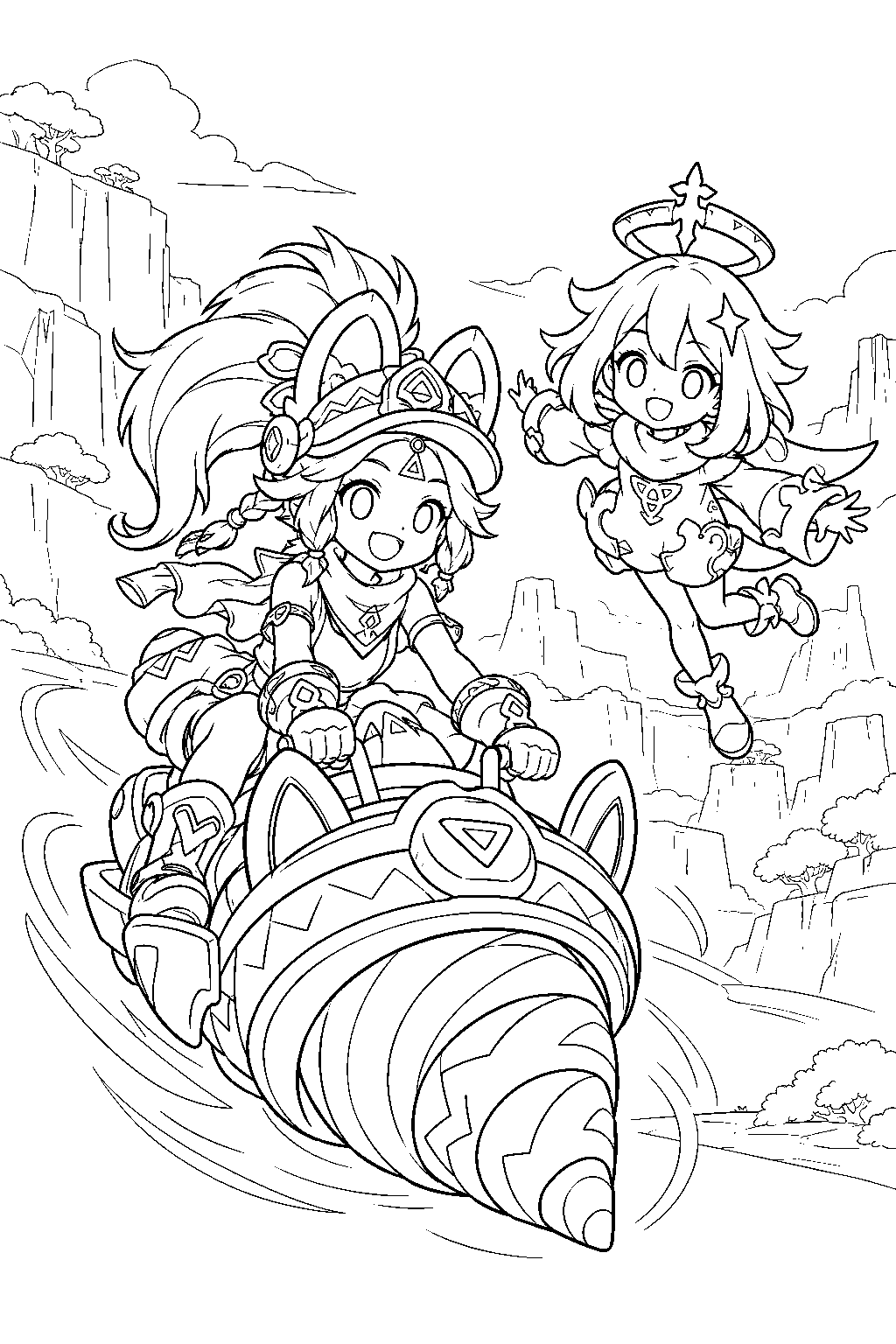 genshin impact paimon flying beside kachina as she rides turbo twirly in natlan line art