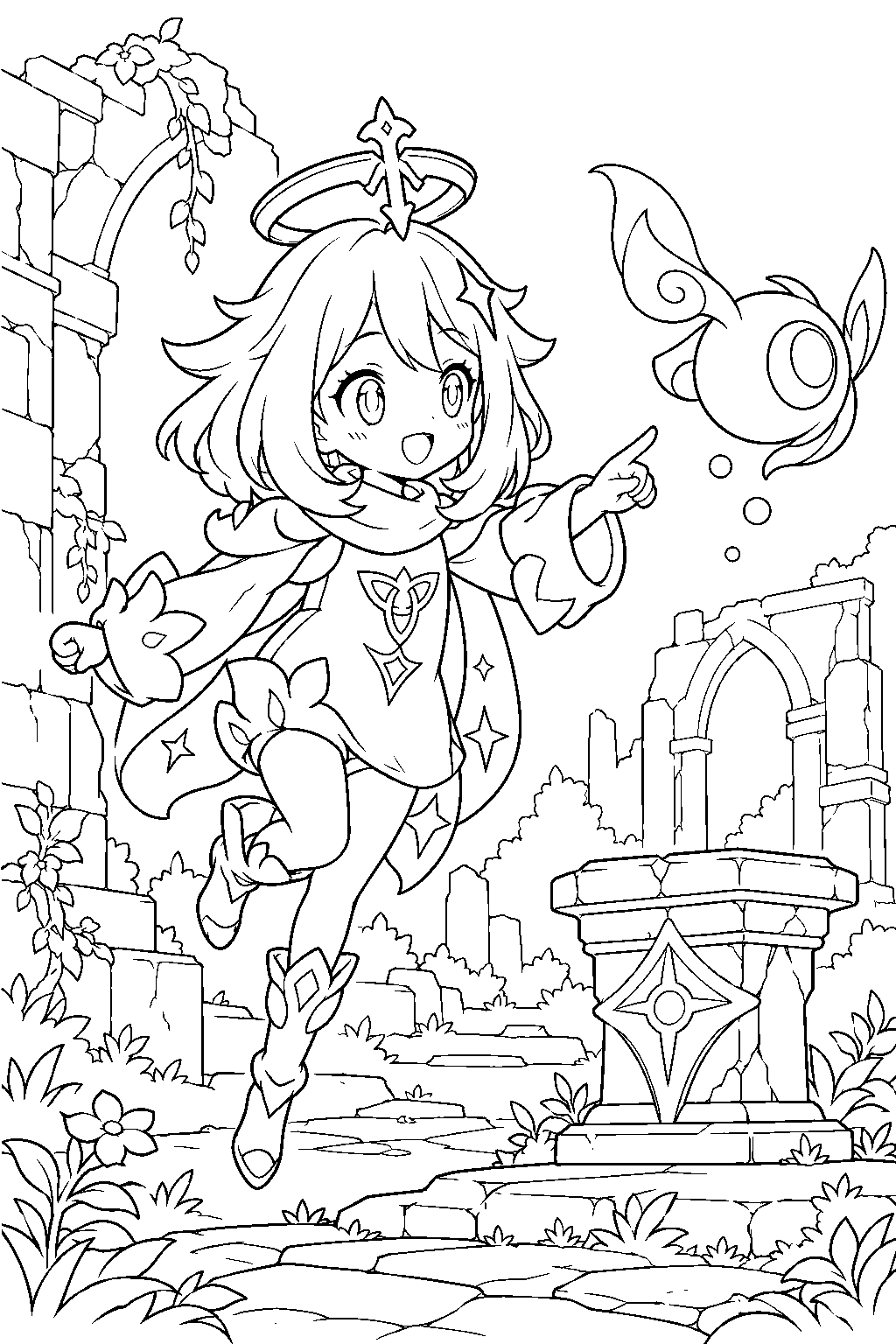 genshin impact paimon following a seelie to its stone garden in ancient ruins line art