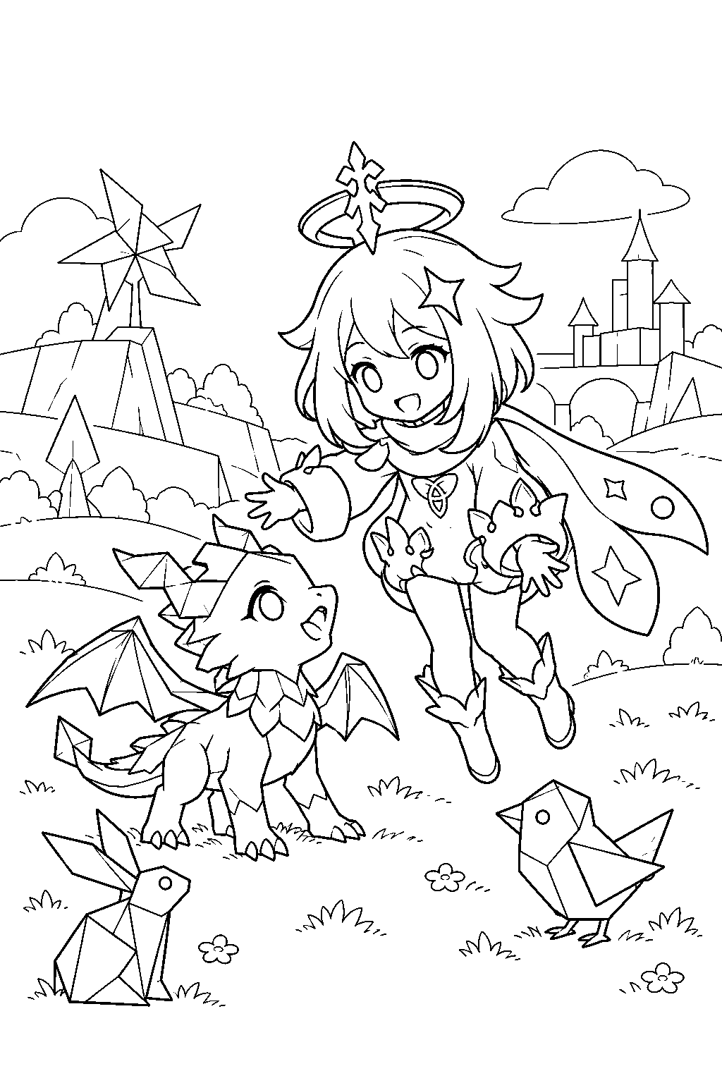 genshin impact paimon greeting mini durin beside origami animals in simulanka line art