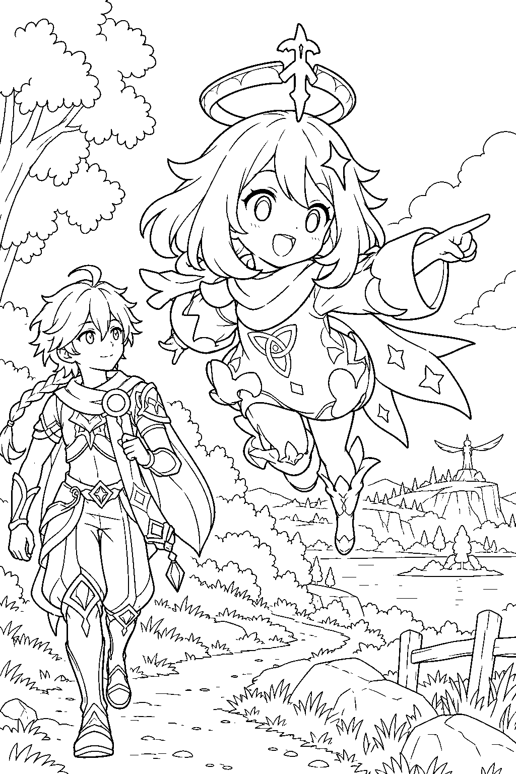 genshin impact paimon guiding aether along the path to starfell lake line art