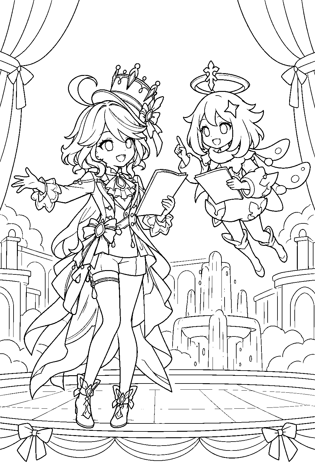 genshin impact paimon helping furina rehearse the little oceanid in fontaine line art