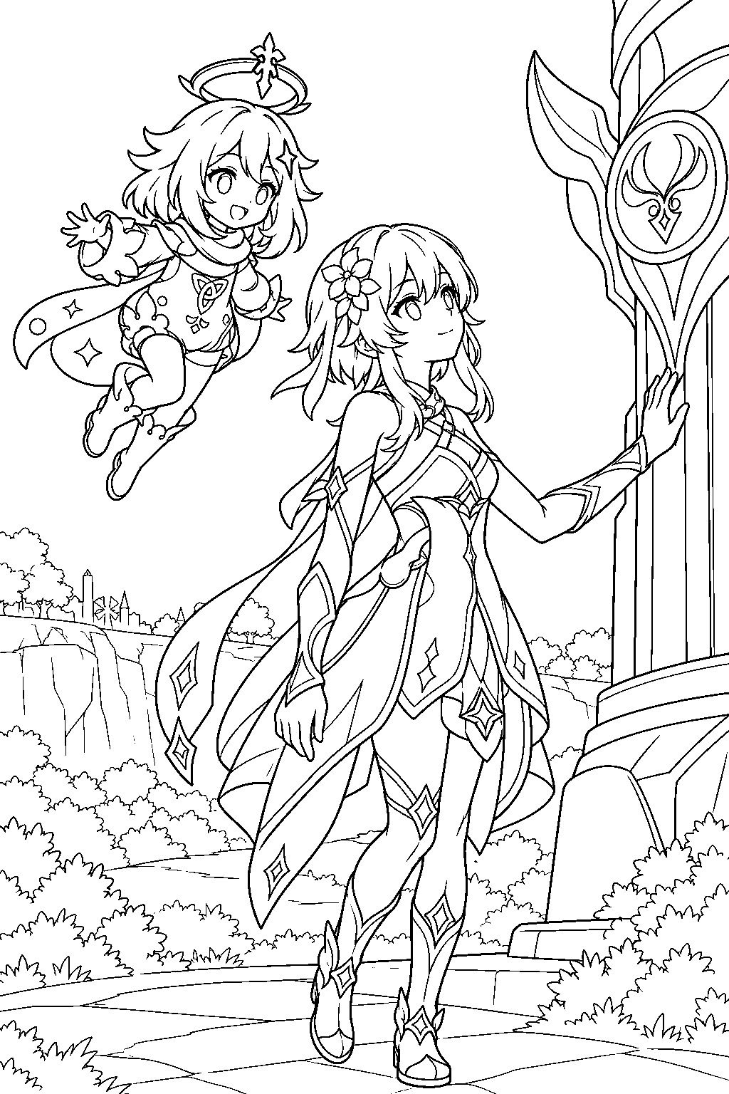 genshin impact paimon hovering beside lumine as she touches a statue of the seven line art