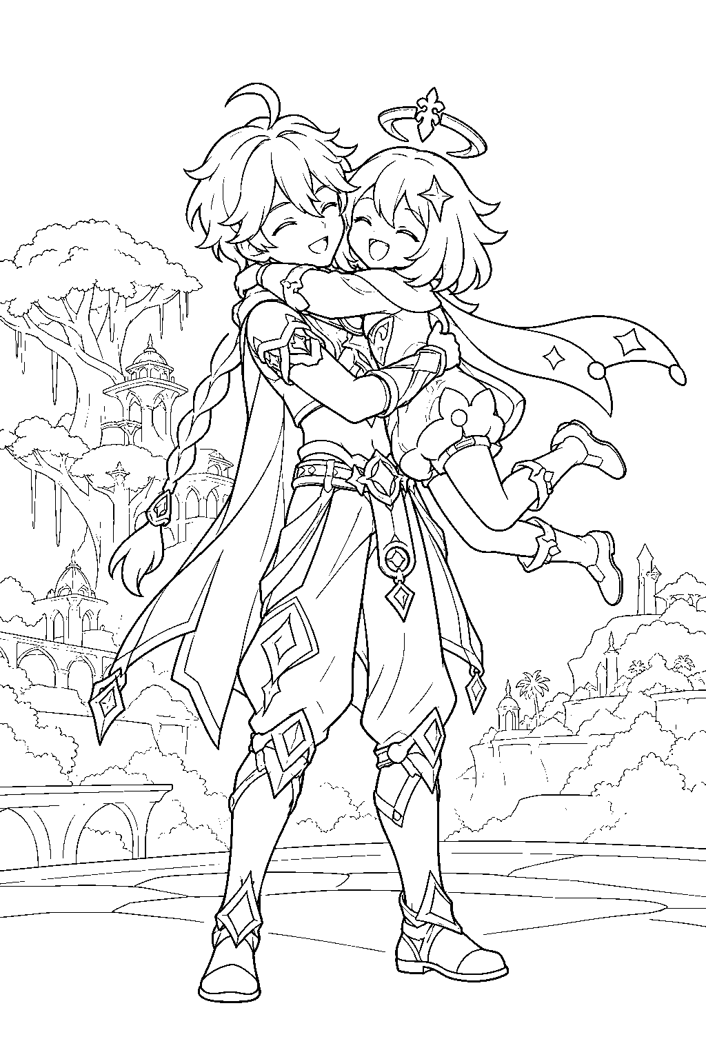 genshin impact paimon hugging the traveler after their reunion in the sabzeruz dream line art