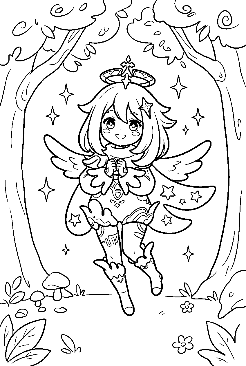 genshin impact paimon in magical forest line art