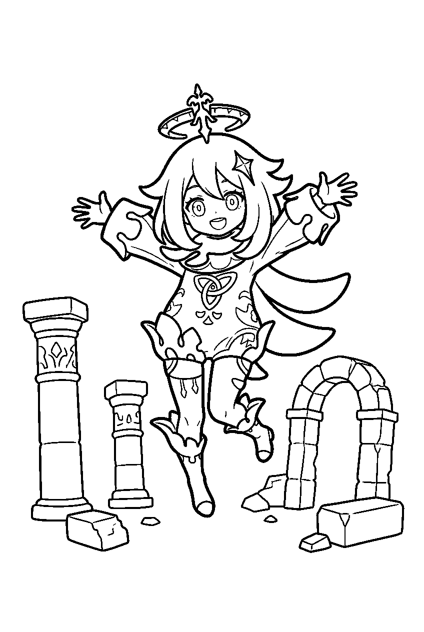 genshin impact paimon jumping in ancient ruins line art