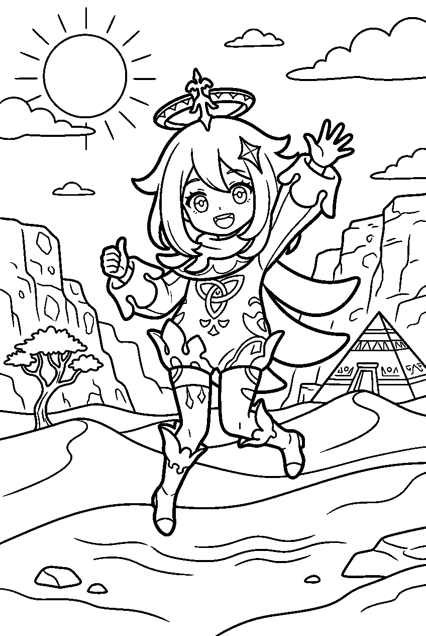 genshin impact paimon jumping in desert of hadramaveth line art