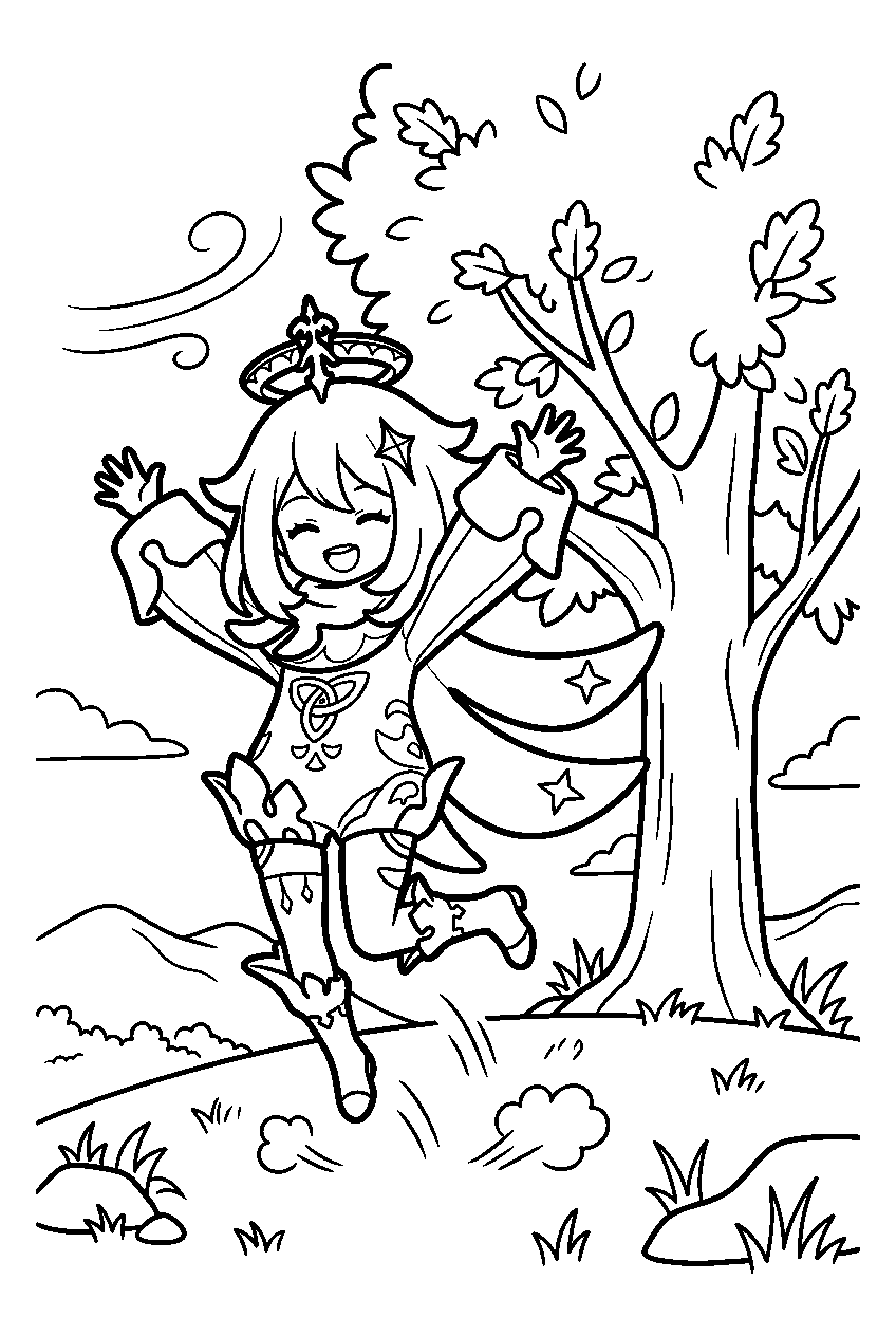 genshin impact paimon jumping in windrise line art