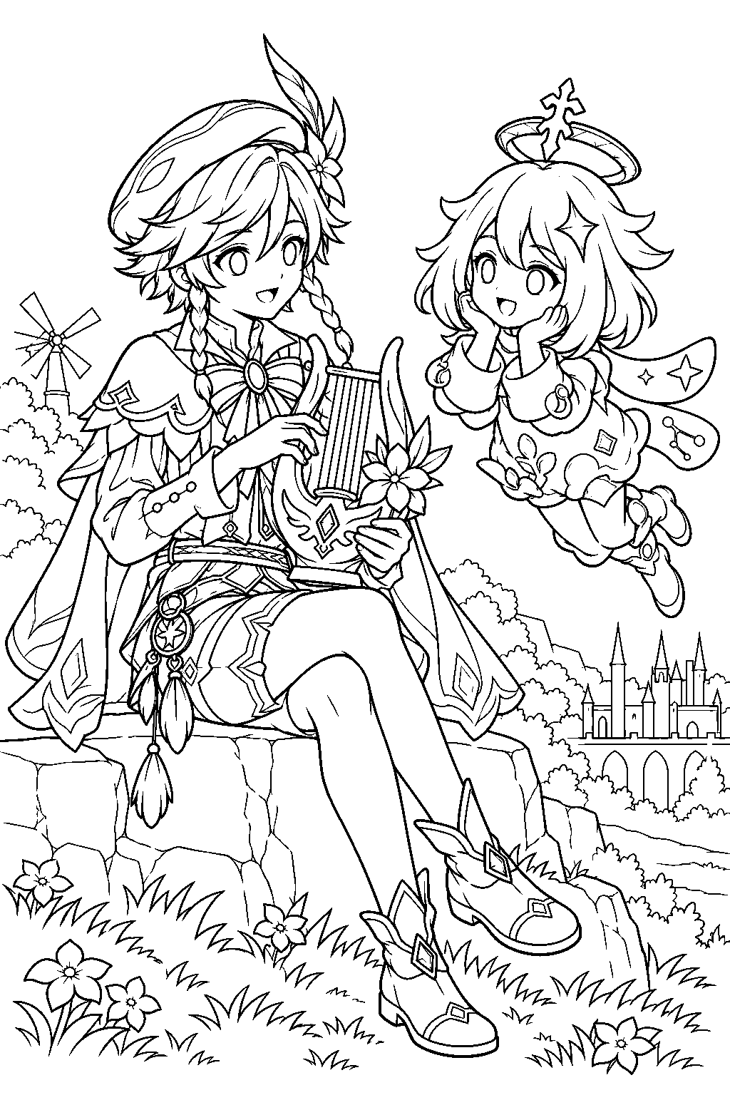genshin impact paimon listening to venti play the holy lyre line art