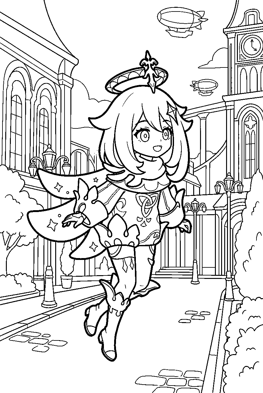 genshin impact paimon looking around in fontaine city line art