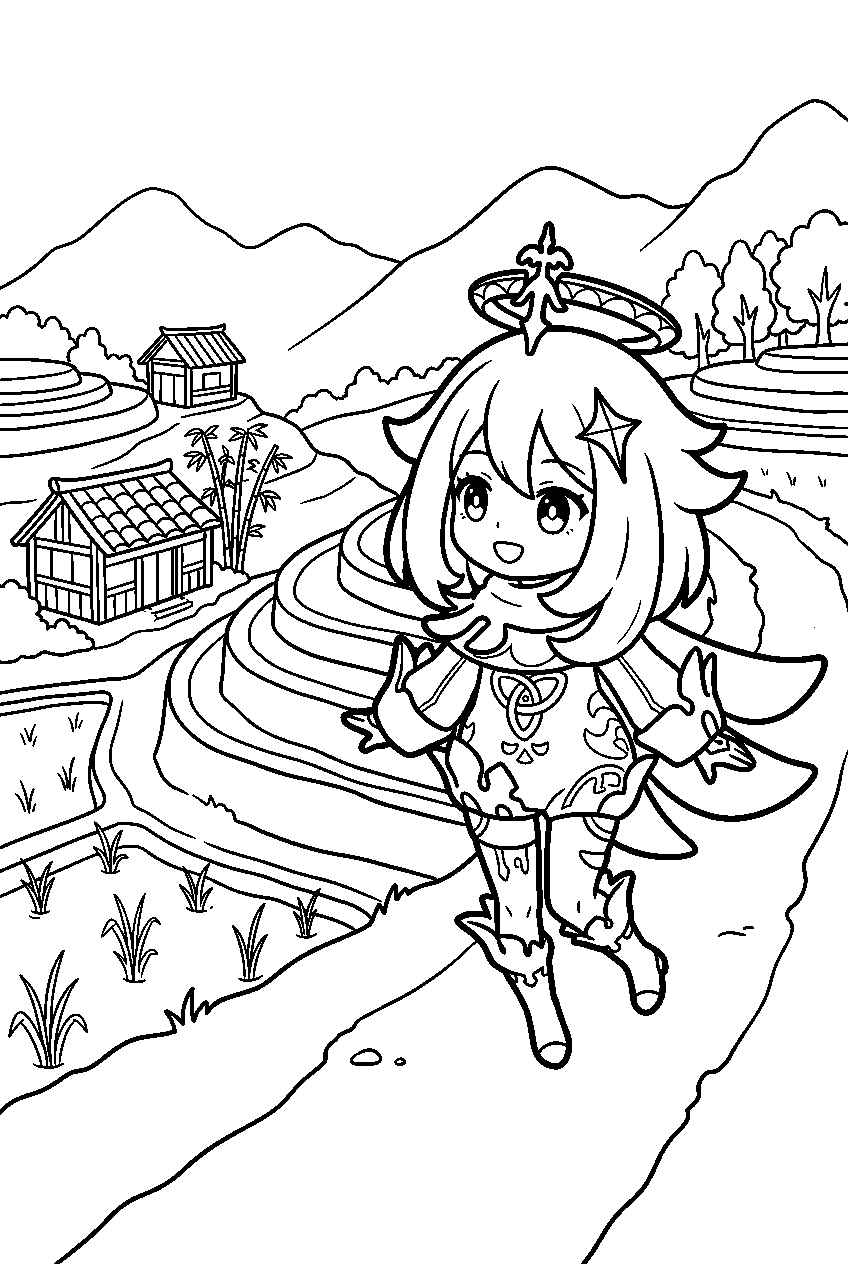 genshin impact paimon looking around in qingce village line art