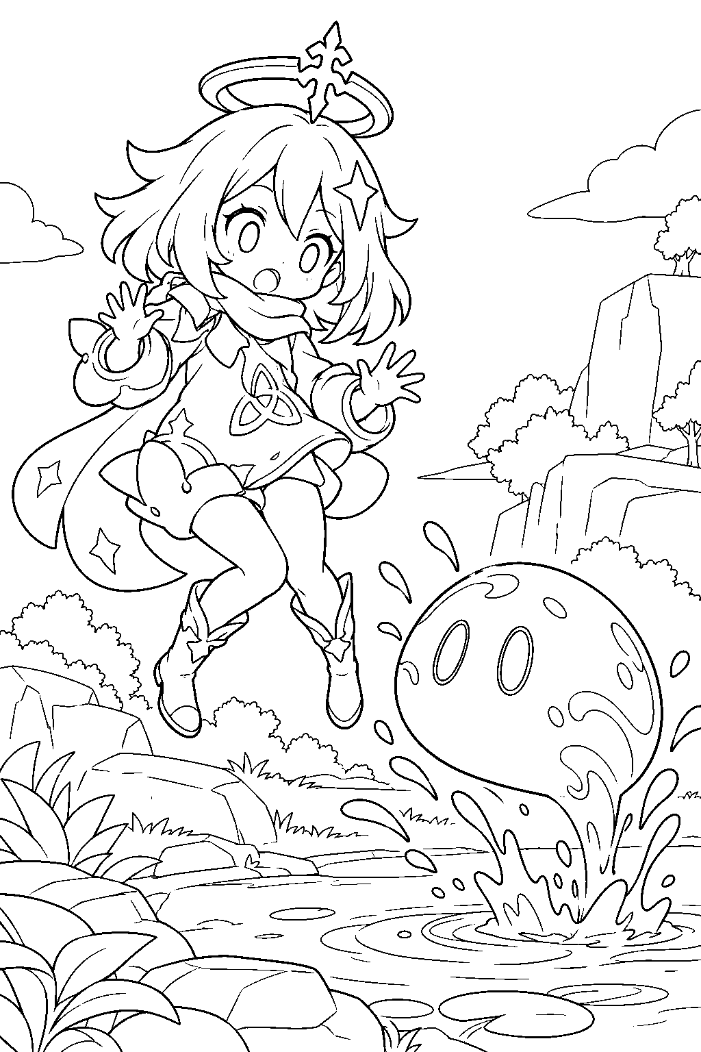 genshin impact paimon looking startled as a hydro slime bounces out of a pond line art