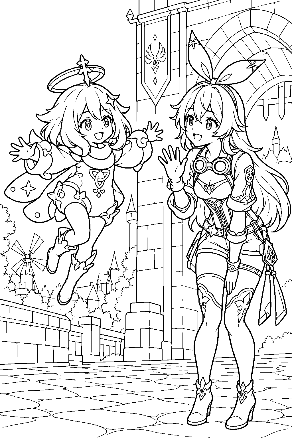 genshin impact paimon meeting amber outside the mondstadt city gates line art