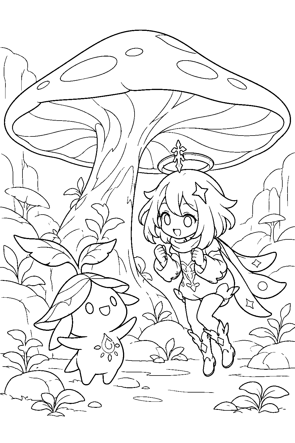 genshin impact paimon meeting arama beneath a giant mushroom in vanarana line art