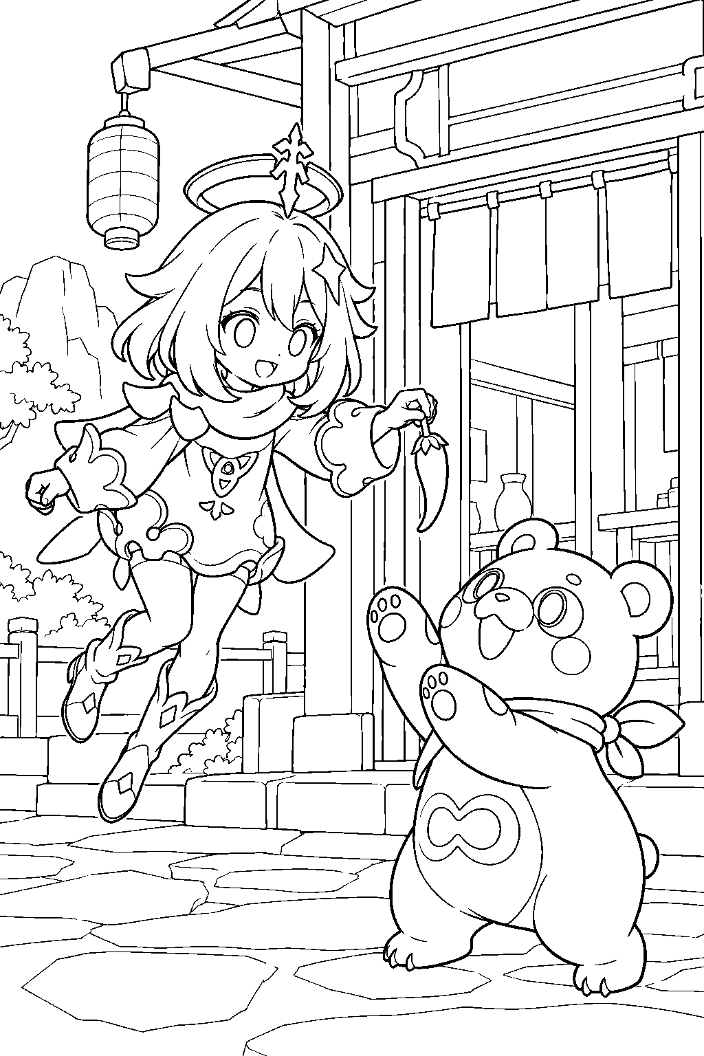 genshin impact paimon offering a jueyun chili to guoba outside wanmin restaurant line art