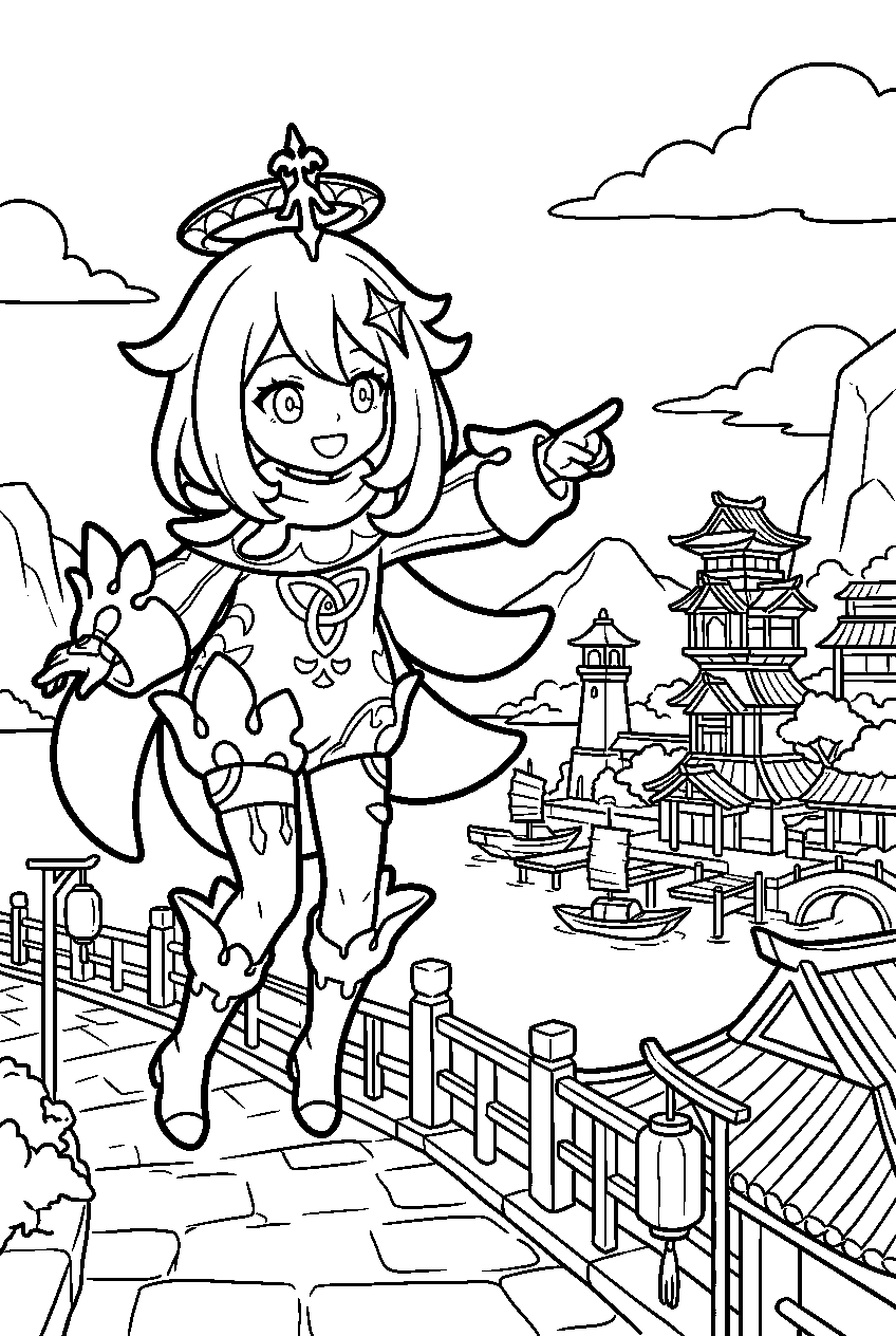 genshin impact paimon pointing in liyue harbor line art