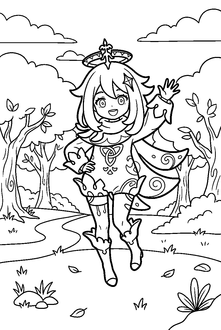genshin impact paimon posing in whispering woods line art