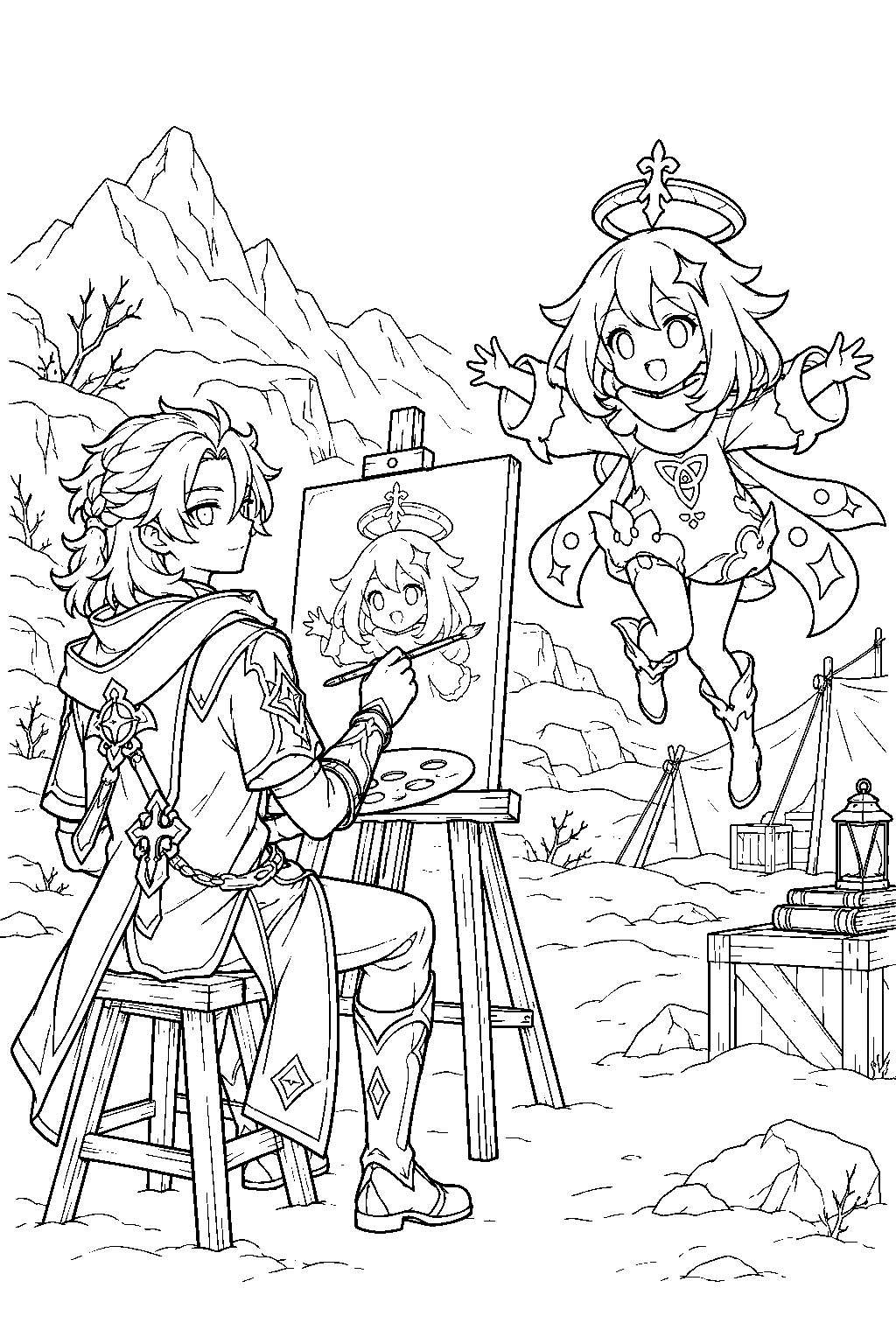 genshin impact paimon posing while albedo paints her portrait at his dragonspine camp line art